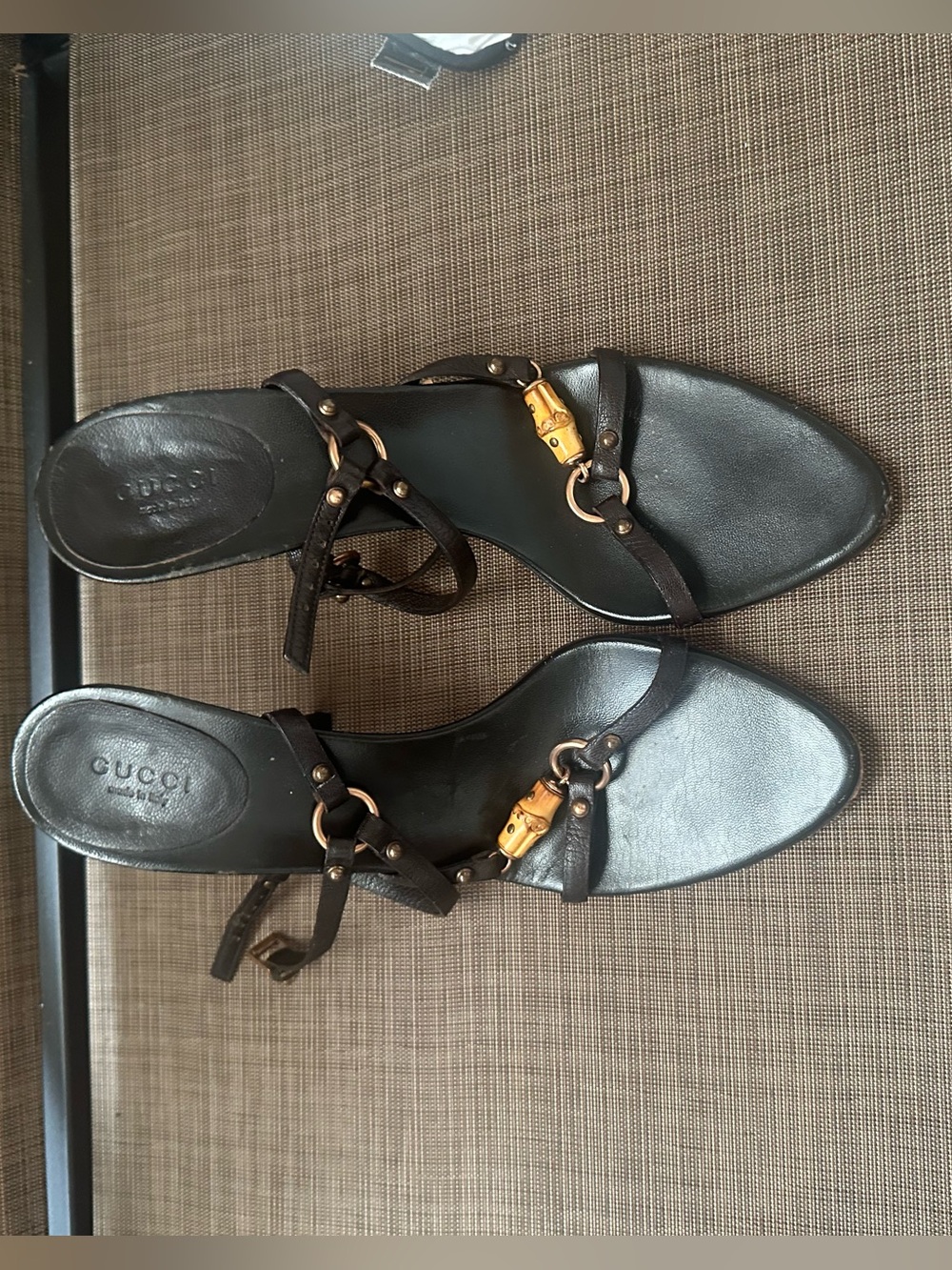 Gucci Black Leather Sandal with Bamboo Accent